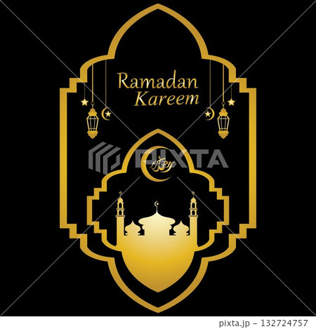 Vector - Golden silhouette of mosque and hanging lanterns on black background, Ramadan Kareem, greeting card Vector - Golden silhouette of mosque and hanging lanterns on black background, Ramadan Kareem, greeting card 132724757