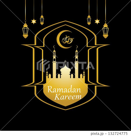 Vector - Golden silhouette of mosque and hanging lanterns on black background, Ramadan Kareem, greeting card 132724775