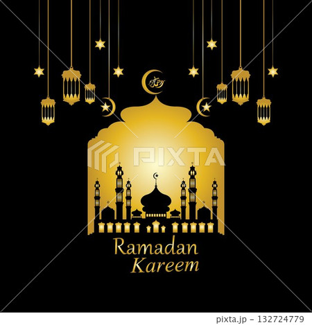 Vector - Golden silhouette of mosque and hanging lanterns on black background, Ramadan Kareem, greeting card 132724779