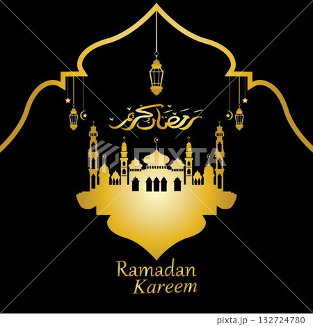 Vector - Golden silhouette of mosque and hanging lanterns on black background, Ramadan Kareem, greeting card Vector - Golden silhouette of mosque and hanging lanterns on black background, Ramadan Kareem, greeting card 132724780