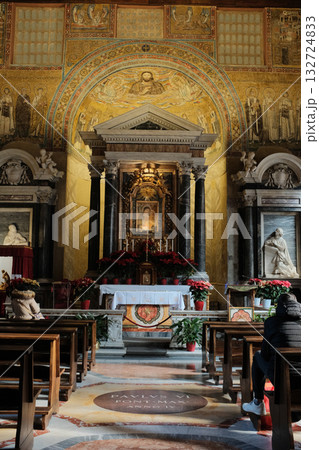 Archbasilica of Saint John Lateran interior Rome golden coffered ceiling marble columns statues ornate chapels baptistery and apse Catholic basilica Italy. High quality photo 132724833