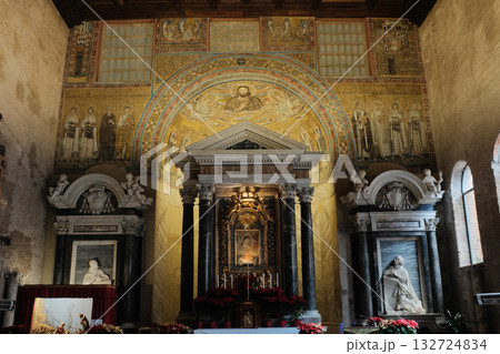 Archbasilica of Saint John Lateran interior Rome golden coffered ceiling marble columns statues ornate chapels baptistery and apse Catholic basilica Italy. High quality photo 132724834
