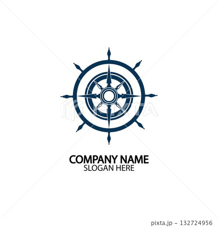 Ship steering wheel and conpass rose navigation symbol or logo isolated on white background - vector illustration 132724956