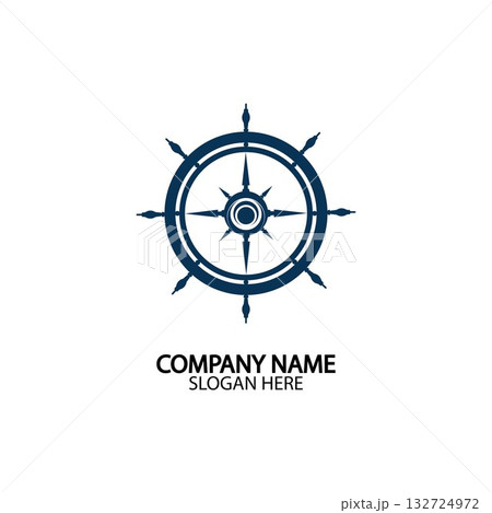 Ship steering wheel and conpass rose navigation symbol or logo isolated on white background - vector illustration 132724972