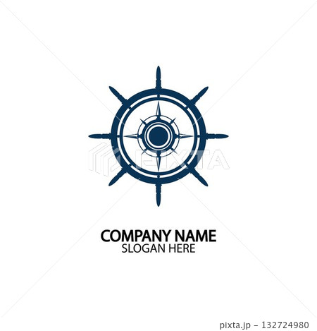 Ship steering wheel and conpass rose navigation symbol or logo isolated on white background - vector illustration 132724980