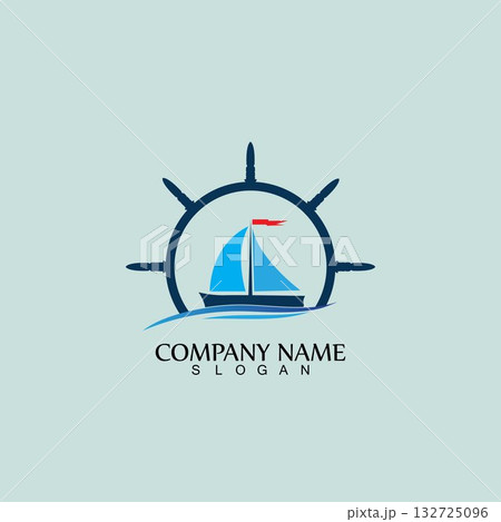 Ship and Boat Helm Steering Wheel on The Wave Water Ocean Logo Symbol 132725096
