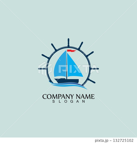 Ship and Boat Helm Steering Wheel on The Wave Water Ocean Logo Symbol 132725102