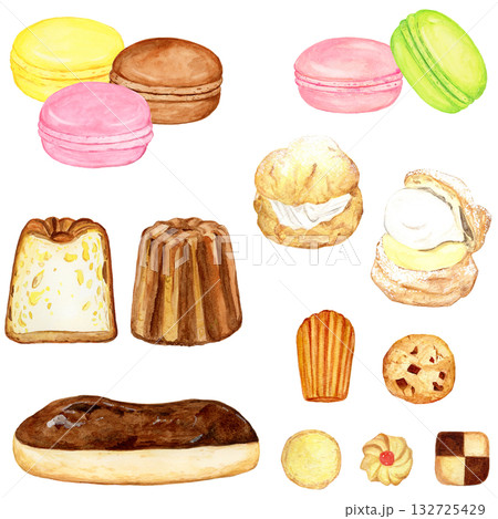 手描き水彩の可愛いフランス菓子セット（マカロン、カヌレ、シュークリーム、エクレア、マドレーヌ、サブレ 132725429