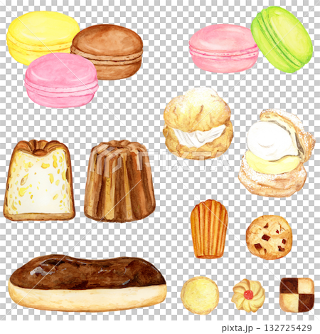 手描き水彩の可愛いフランス菓子セット（マカロン、カヌレ、シュークリーム、エクレア、マドレーヌ、サブレ 132725429