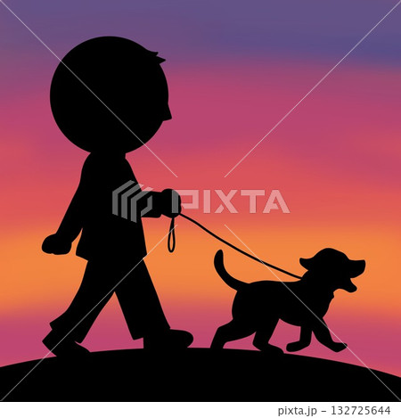 夕焼け空を背景にしたシルエットイラスト:犬の散歩をする人 夕焼け空を背景にしたシルエットイラスト:犬の散歩をする人 132725644