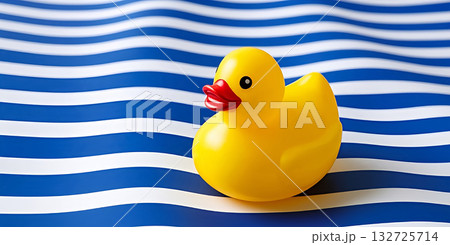 Cute yellow rubber duck on a blue and white striped background.  132725714