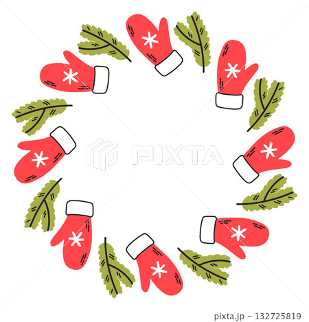 Simple festive round frame with Christmas decor red mitten and spruce branch. The simple vector design perfect for Christmas and New Year decorations or holiday greetings. 132725819