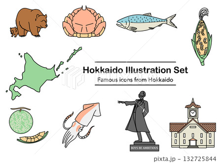 イラスト素材: 北海道を象徴する名物アイコンセット クマ カニ サケ メロン イカ トウモロコシ 時 イラスト素材: 北海道を象徴する名物アイコンセット クマ カニ サケ メロン イカ トウモロコシ 時 132725844