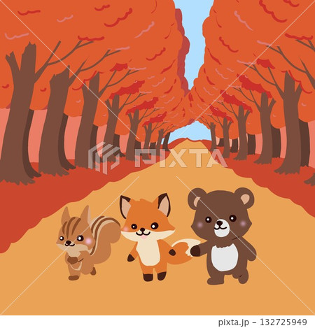 秋の森を歩く動物たち 132725949