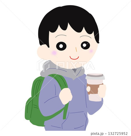 学生がリュックを背負いながら片手にコーヒーカップ 132725952