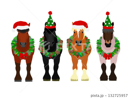 クリスマスの飾りをつけた輓馬のグループ クリスマスの飾りをつけた輓馬のグループ 132725957
