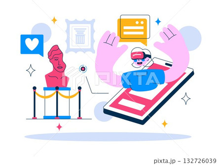 Virtual Museum Tour Vector Illustration Featuring A Modern Art Museum Where All Exhibits Are Digitally Displayed With Interactive Art Gallery Elements Virtual Museum Tour Vector Illustration Featuring A Modern Art Museum Where All Exhibits Are Digitally Displayed With Interactive Art Gallery Elements 132726039