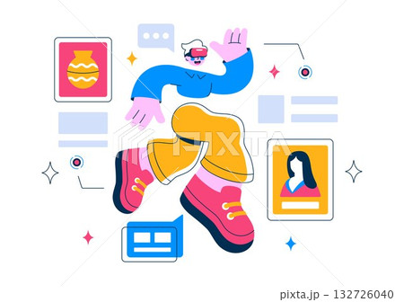 Virtual Museum Tour Vector Illustration Featuring A Modern Art Museum Where All Exhibits Are Digitally Displayed With Interactive Art Gallery Elements 132726040