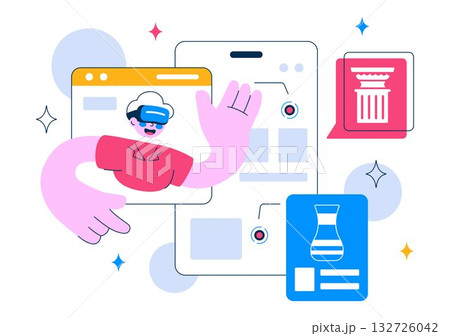 Virtual Museum Tour Vector Illustration Featuring A Modern Art Museum Where All Exhibits Are Digitally Displayed With Interactive Art Gallery Elements 132726042