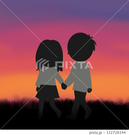 夕焼け空を背景にしたシルエットイラスト:カップルが手をつなぐ 夕焼け空を背景にしたシルエットイラスト:カップルが手をつなぐ 132726144