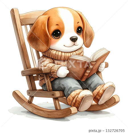 ロッキングチェアで読書を楽しむビーグルの水彩画イラスト（読書の秋）1／チラシやポスター用素材 132726705