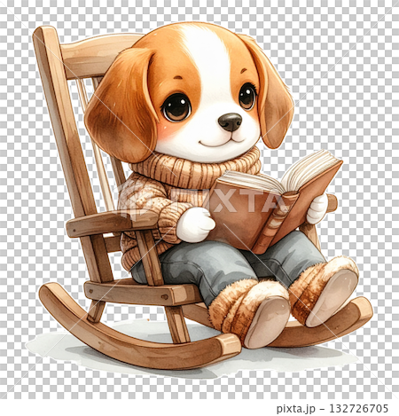 ロッキングチェアで読書を楽しむビーグルの水彩画イラスト（読書の秋）1／チラシやポスター用素材 132726705