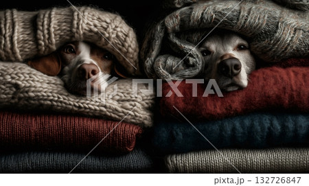 Two dogs snuggling together under a pile of soft, knitted sweaters and blankets, creating a warm and inviting atmosphere perfect for relaxation during the cold winter months 132726847