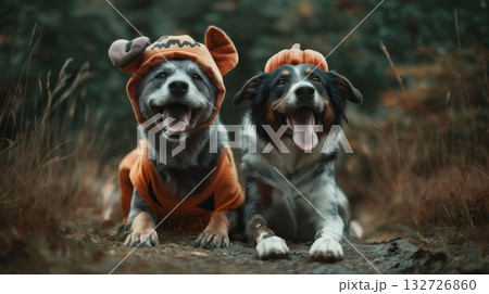 Two joyful dogs dressed in halloween costumes lie in an autumn forest, soaking up the festive atmosphere and radiating their playful spirit among the colorful leaves Two joyful dogs dressed in halloween costumes lie in an autumn forest, soaking up the festive atmosphere and radiating their playful spirit among the colorful leaves 132726860