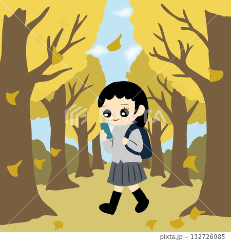 落ち葉が舞う並木道(イチョウ並木)を一人で歩く学生 落ち葉が舞う並木道(イチョウ並木)を一人で歩く学生 132726985