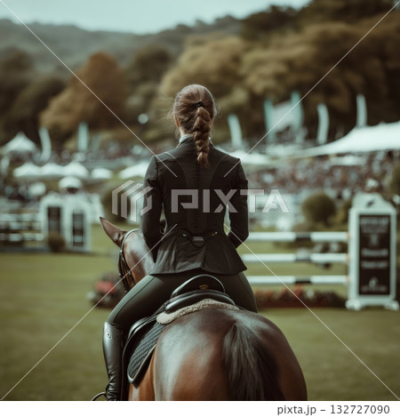 Female equestrian athlete sits on horseback, observing show jumping competition from the field, showcasing focus and anticipation in elegant riding attire Female equestrian athlete sits on horseback, observing show jumping competition from the field, showcasing focus and anticipation in elegant riding attire 132727090