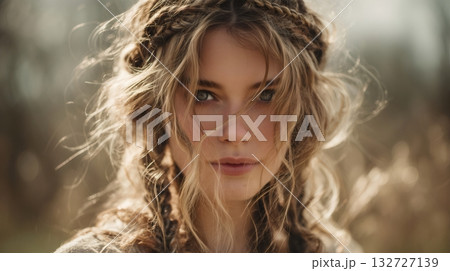 Portrait of a confident blonde viking woman with intricately braided hair, posing gracefully in a sunlit field, her striking blue eyes reflecting the warmth of golden hour light Portrait of a confident blonde viking woman with intricately braided hair, posing gracefully in a sunlit field, her striking blue eyes reflecting the warmth of golden hour light 132727139