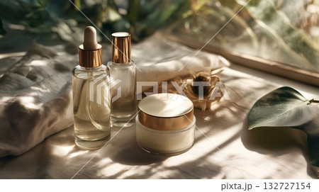 Illuminated by natural light, glass bottles and jars with golden caps hold beauty products, casting shadows on a textured surface alongside a dried flower and green leaf Illuminated by natural light, glass bottles and jars with golden caps hold beauty products, casting shadows on a textured surface alongside a dried flower and green leaf 132727154