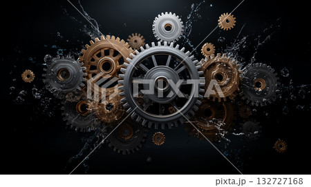 機械ギアと水の動きが融合したダイナミックなメカニカルアート 132727168