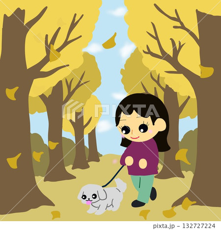 犬の散歩と落ち葉が舞う並木道（イチョウ並木） 132727224