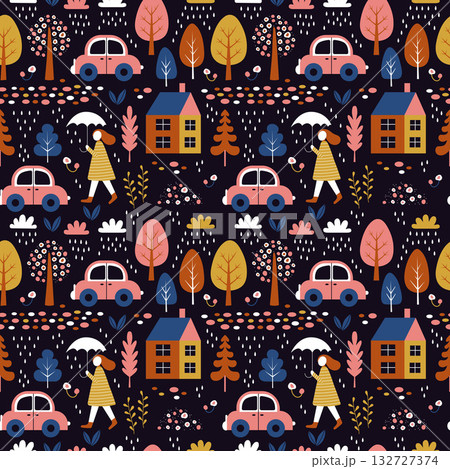 A vibrant autumn seamless pattern featuring a woman under an umbrella, trees, houses, and cars. This vector pattern has a rainy-day feel. 132727374