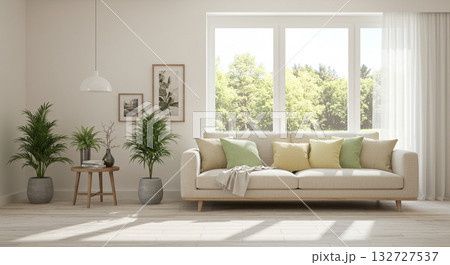 あたたかい照明に照らされたソファリビング生成AI画像 132727537