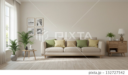 ベージュソファが主役の明るいリビング生成AI画像 132727542