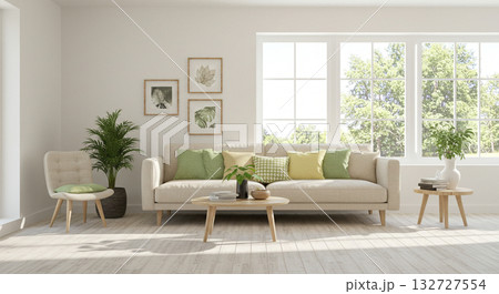 木の温もりを感じるソファリビング生成AI画像 132727554