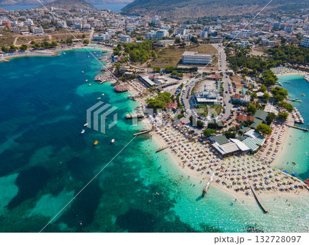 Panoramic view of Ksamil, Albanian Riviera. Ksamil islands are located near the Saranda. Top View. Beautiful destinations. High quality photo Panoramic view of Ksamil, Albanian Riviera. Ksamil islands are located near the Saranda. Top View. Beautiful destinations. High quality photo 132728097