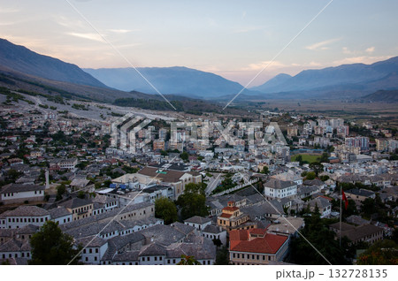 A view from the castle towards the center of the city of Gjirokaster, Albania in summertime. High quality photo A view from the castle towards the center of the city of Gjirokaster, Albania in summertime. High quality photo 132728135