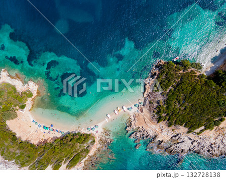 Panoramic view of Ksamil, Albanian Riviera. Ksamil islands are located near the Saranda. Top View. Beautiful destinations. High quality photo Panoramic view of Ksamil, Albanian Riviera. Ksamil islands are located near the Saranda. Top View. Beautiful destinations. High quality photo 132728138