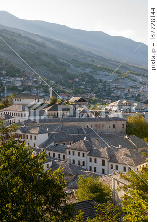 A view from the castle towards the center of the city of Gjirokaster, Albania in summertime. High quality photo 132728144