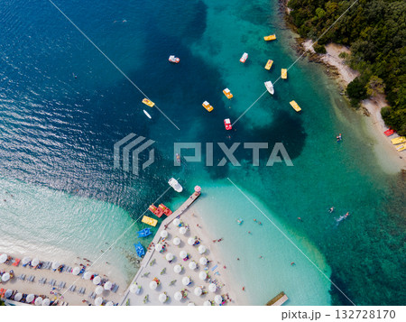 Panoramic view of Ksamil, Albanian Riviera. Ksamil islands are located near the Saranda. Top View. Beautiful destinations. High quality photo Panoramic view of Ksamil, Albanian Riviera. Ksamil islands are located near the Saranda. Top View. Beautiful destinations. High quality photo 132728170