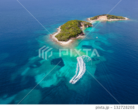 Panoramic view of Ksamil, Albanian Riviera. Ksamil islands are located near the Saranda. Top View. Beautiful destinations. High quality photo Panoramic view of Ksamil, Albanian Riviera. Ksamil islands are located near the Saranda. Top View. Beautiful destinations. High quality photo 132728208