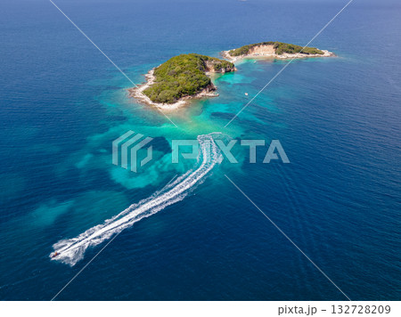 Panoramic view of Ksamil, Albanian Riviera. Ksamil islands are located near the Saranda. Top View. Beautiful destinations. High quality photo 132728209