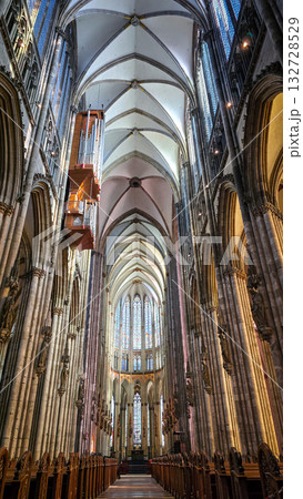 March 7, 2025. A stunning view inside Cologne Cathedral, highlighting its soaring vault and majestic dome. Also known as Hohe Domkirche Sankt Petrus, this Gothic masterpiece stands in Cologne, Germany 132728529