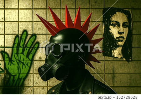 パンクファッションのガスマスクとモヒカンの人 132728628