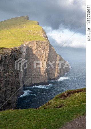 Scenic viewpoint on Traelanipa trail, overlooking dramatic basalt cliffs and vast volcanic rock formations above the ocean. 132728634