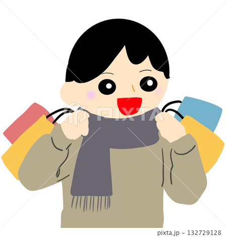 ブラックフライデーや冬のセールで買い物袋を持つマフラー姿 ブラックフライデーや冬のセールで買い物袋を持つマフラー姿 132729128
