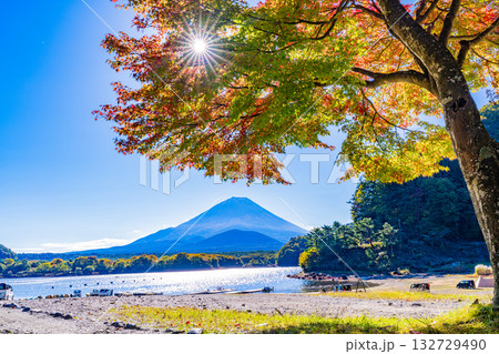 【山梨県】紅葉が始まった精進湖畔と初冠雪の富士山 【山梨県】紅葉が始まった精進湖畔と初冠雪の富士山 132729490